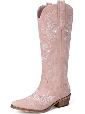 Women's Wide Calf Knee High Sparkly Rhinestone Western Country Boots Pink